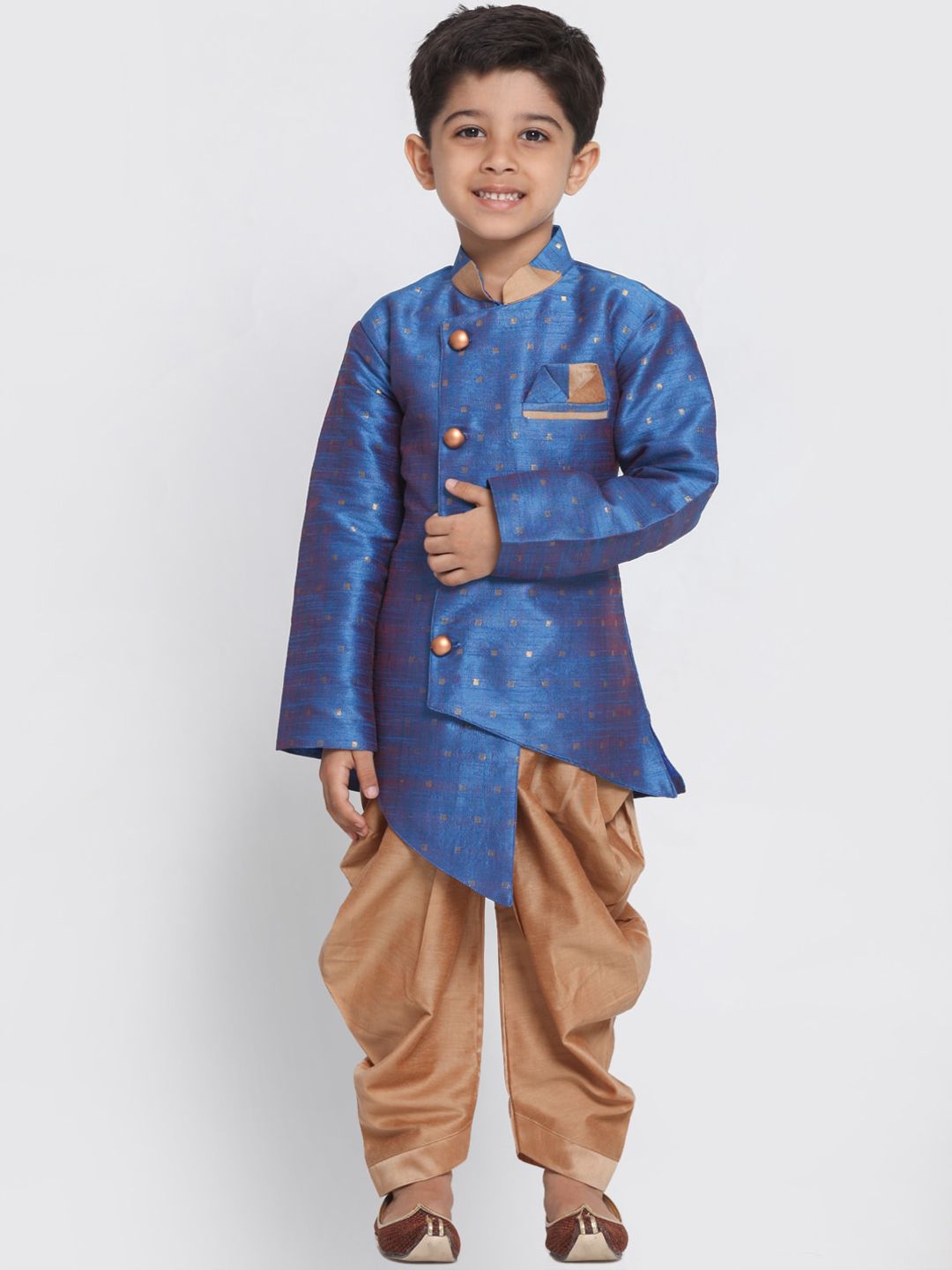 VASTRAMAY Boys Blue & Gold-Toned Silk Blend Indowestern Sherwani and Dhoti Set-image-24