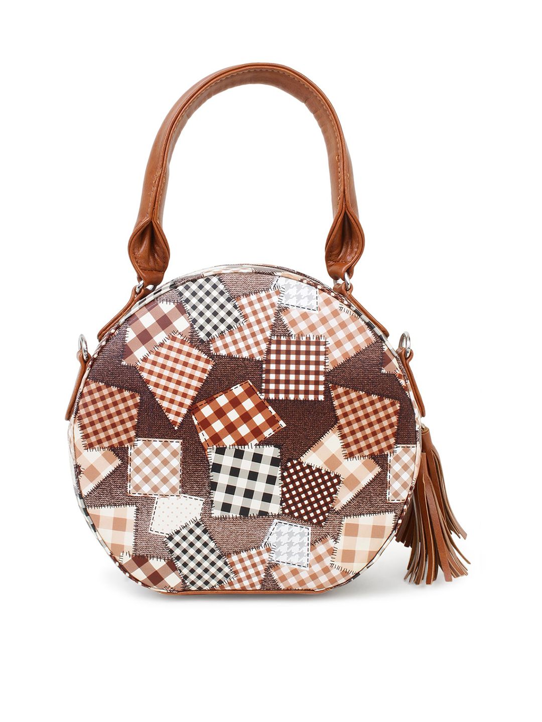 Spice Art Brown Checked Printed PU Structured Handheld Bag with Tasselled-image-4