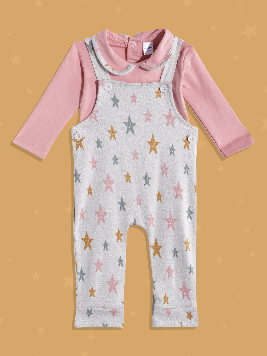 Moms Love Infant Girls Grey & Pink Conversational Print Dungaree with T-shirt-picture-54