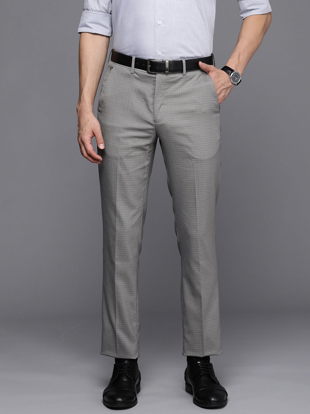 Louis Philippe Men Grey & White Checked Slim Fit Trousers-picture-10
