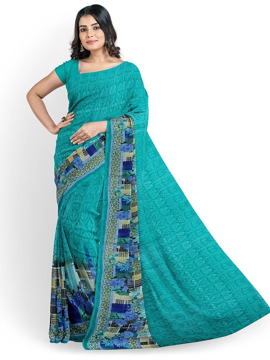 Florence Women Teal & Navy Blue Floral Pure Georgette Fusion Dharmavaram Saree-image-22