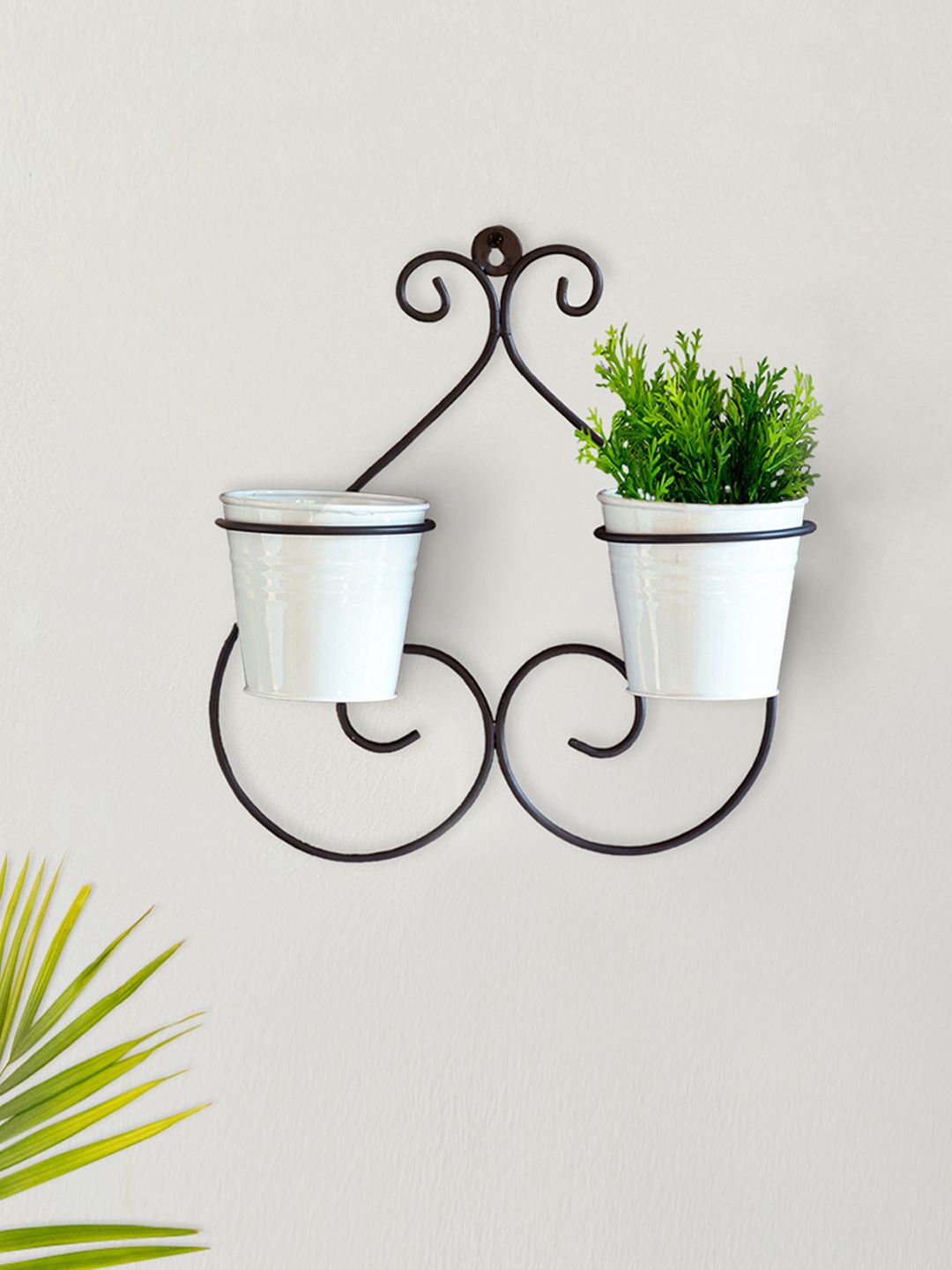 ExclusiveLane Set Of 2 Solid Symmetry Scroll Planters With Holder In Galvanized Iron