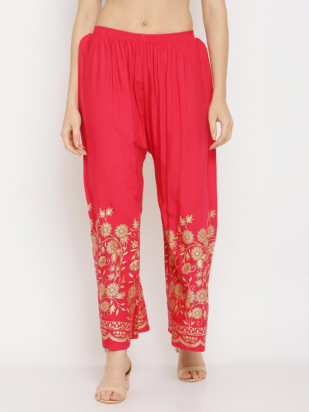 Miaz Lifestyle Women Red & Gold-Toned Ethnic Motifs Printed Knitted Palazzos-picture-26