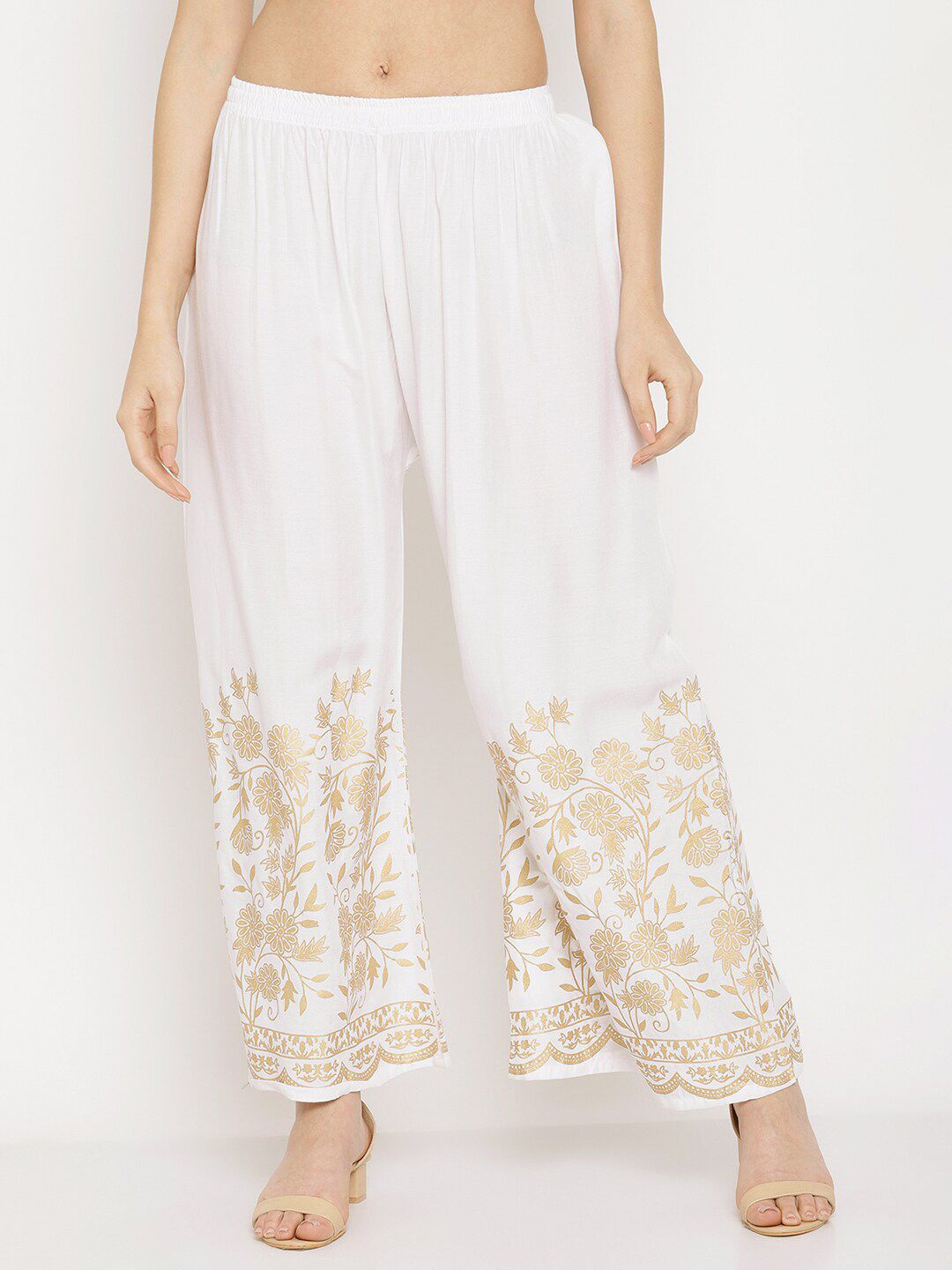 Miaz Lifestyle Women White & Gold-Toned Ethnic Motifs Printed Knitted Palazzos-picture-25