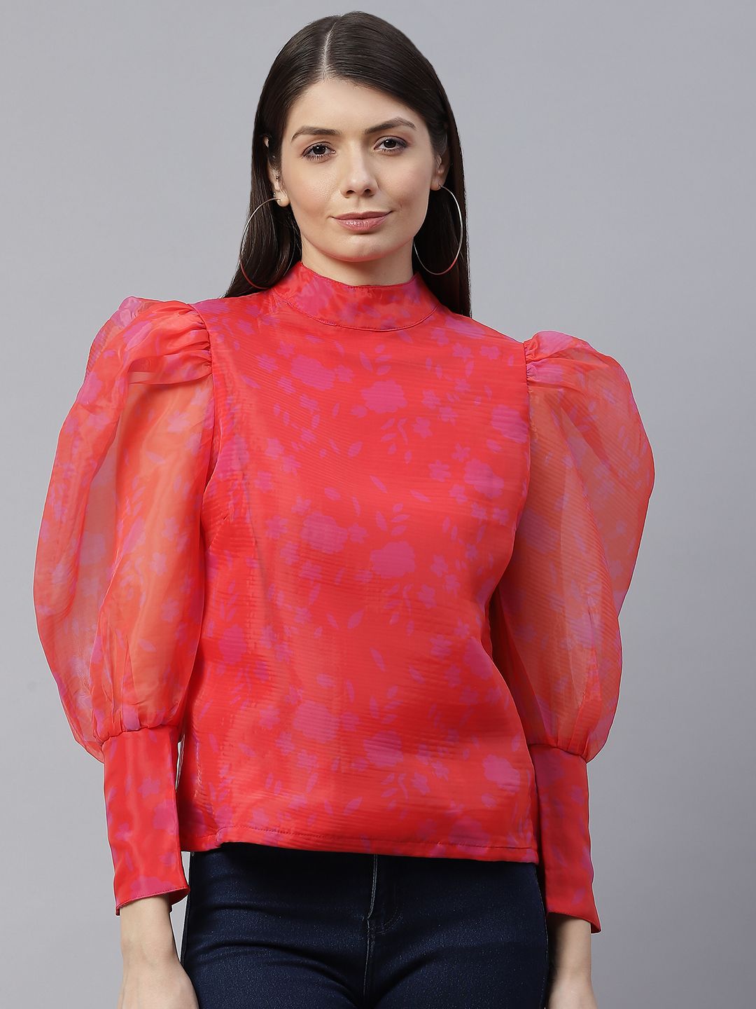 plusS Coral Red Mandarin Collar Top-picture-38