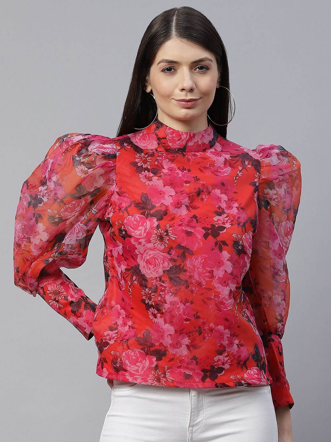 plusS Pink Floral Print Mandarin Collar Top-picture-10