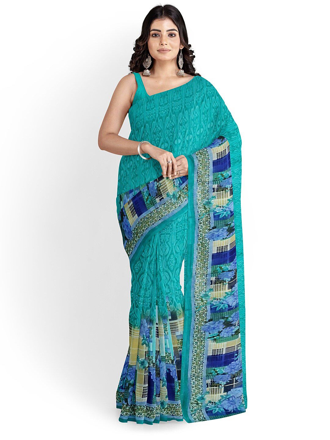 KALINI Teal & Yellow Floral Pure Georgette Fusion Dharmavaram Saree-picture-56