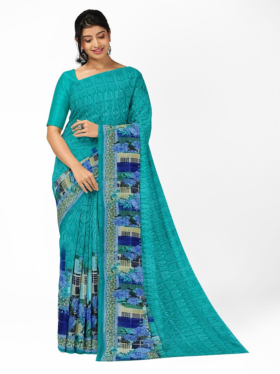 KALINI Women Teal & Navy Blue Floral Printed Pure Georgette Fusion Saree-picture-11