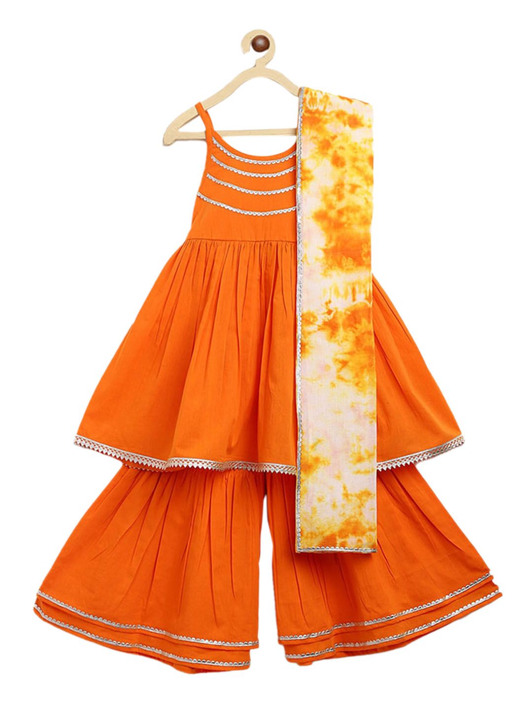 Tiber Taber Girls Orange Striped Empire Gotta Patti Pure Cotton Kurti with Sharara & With Dupatta-picture-49