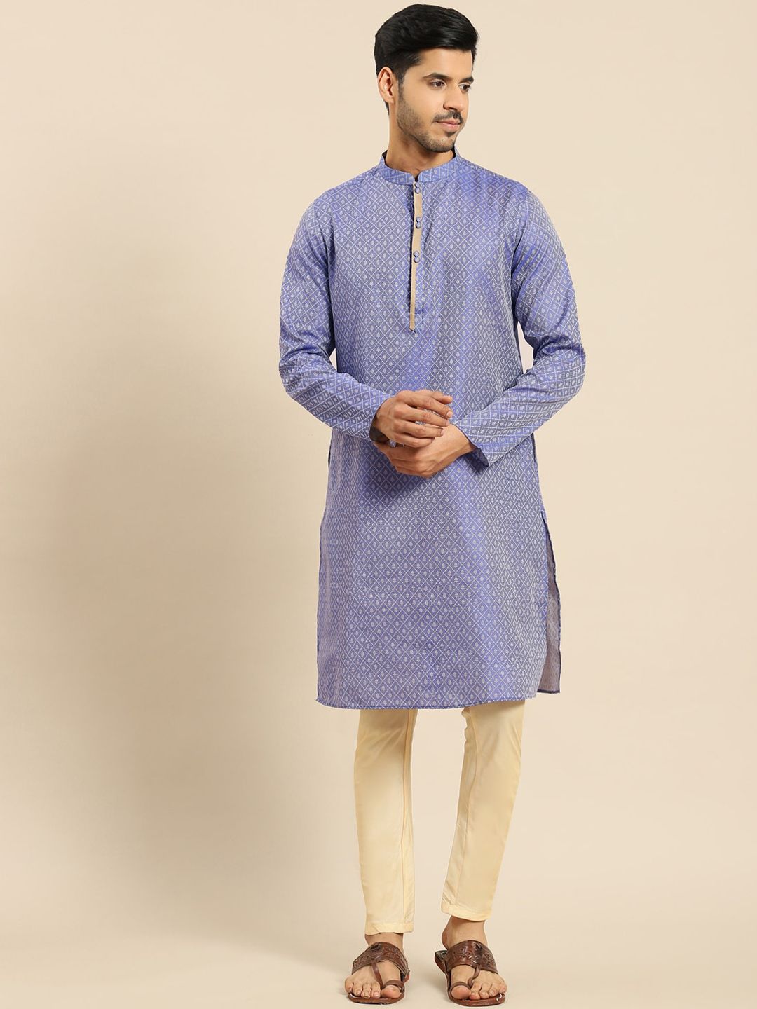 Amodh by Kisah Men Blue Geometric Thread Work Jacquard Kurta-image-39