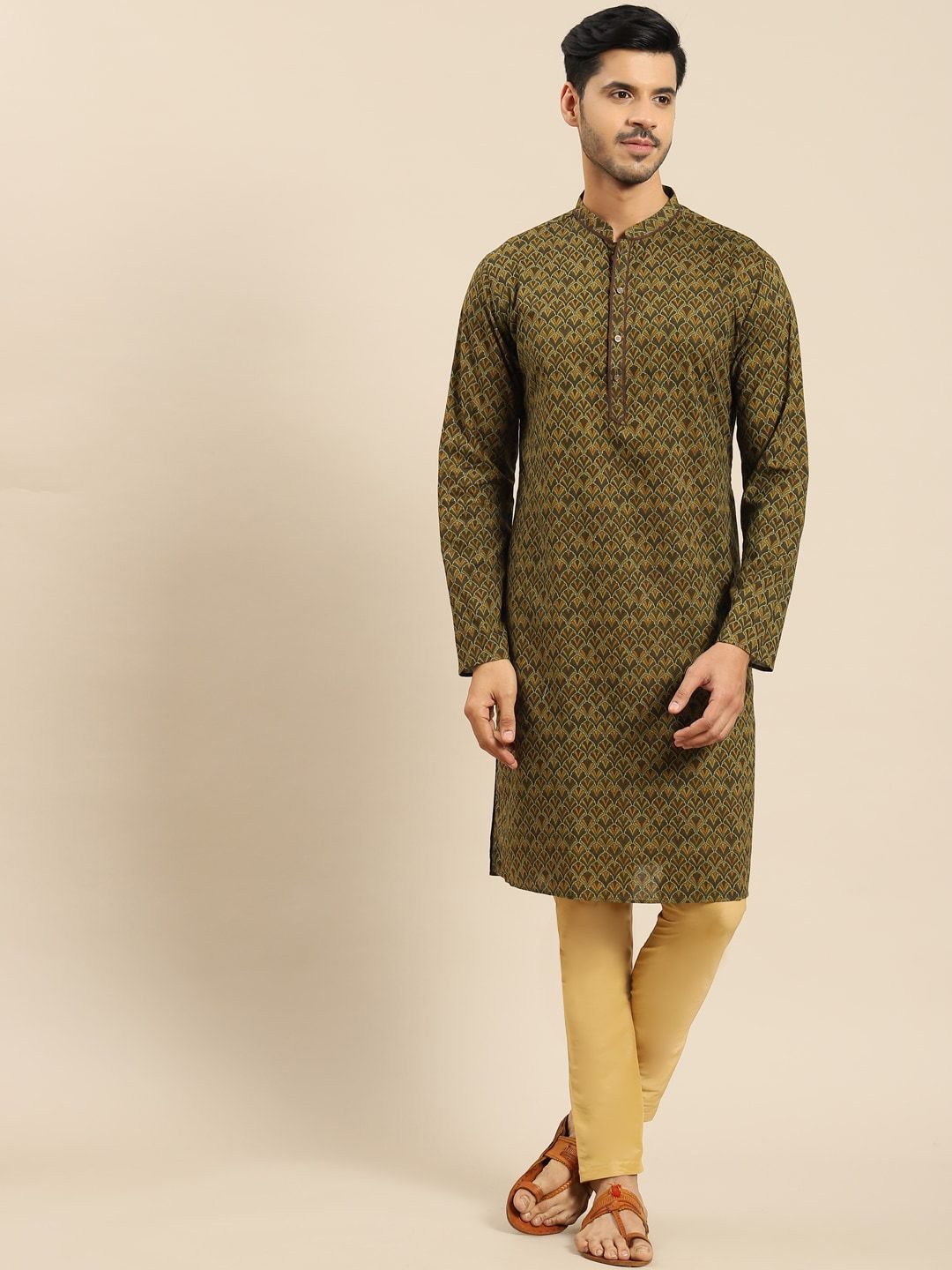 Amodh by Kisah Men Brown & Olive Green Ethnic Motifs Thread Work Dobby Kurta-image-21
