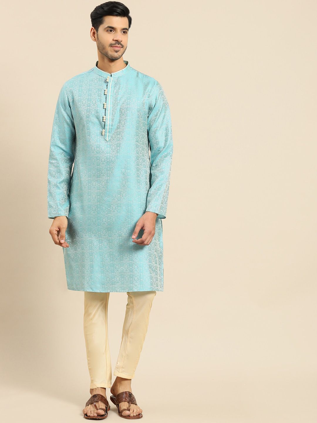 Amodh by Kisah Men Turquoise Blue Dobby Kurta-picture-22
