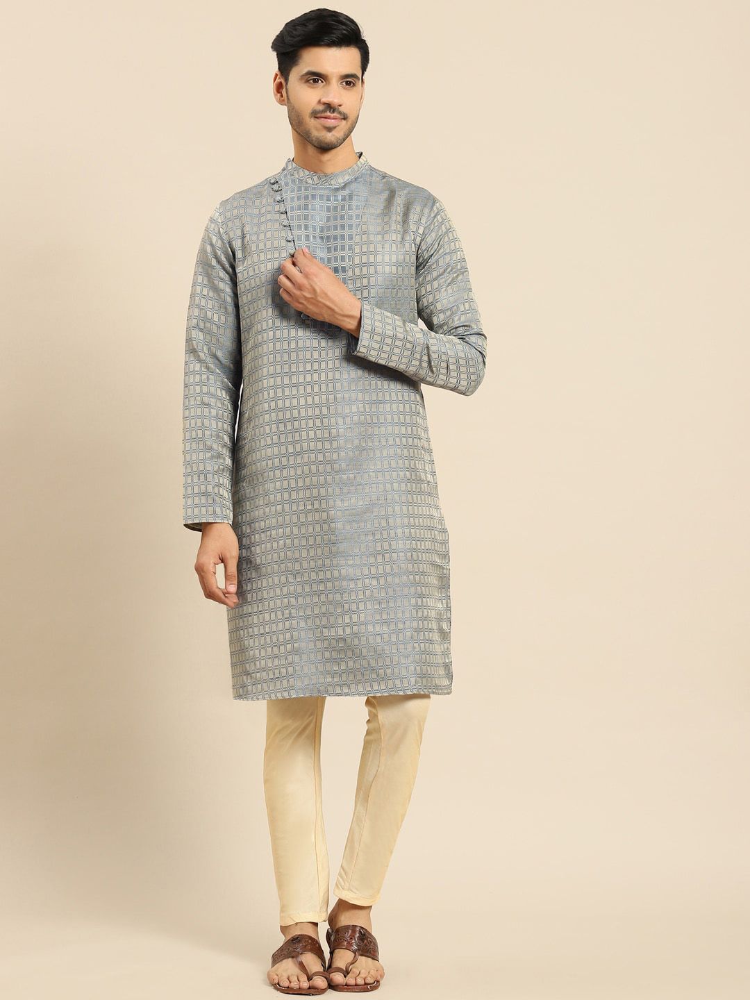 Amodh by Kisah Men's Grey Striped Flared Sleeves Thread Work Dobby Kurta-picture-11