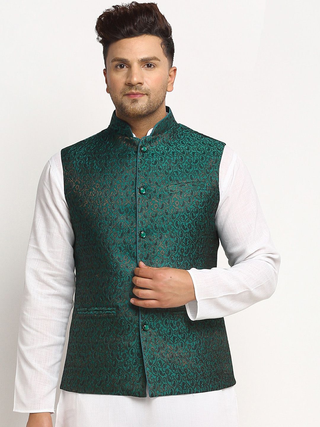 TREEMODA Men Green & Black Woven Design Nehru Jackets-picture-24