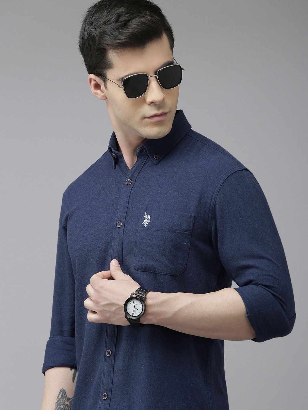 U.S. Polo Assn. Denim Co. Men Navy Blue Slim Fit Pure Cotton Casual Shirt