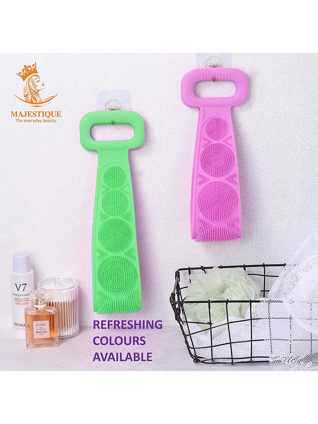 MAJESTIQUE Set of 2 Silicone Scrub Belt with Handle - Green & Pink-image-10
