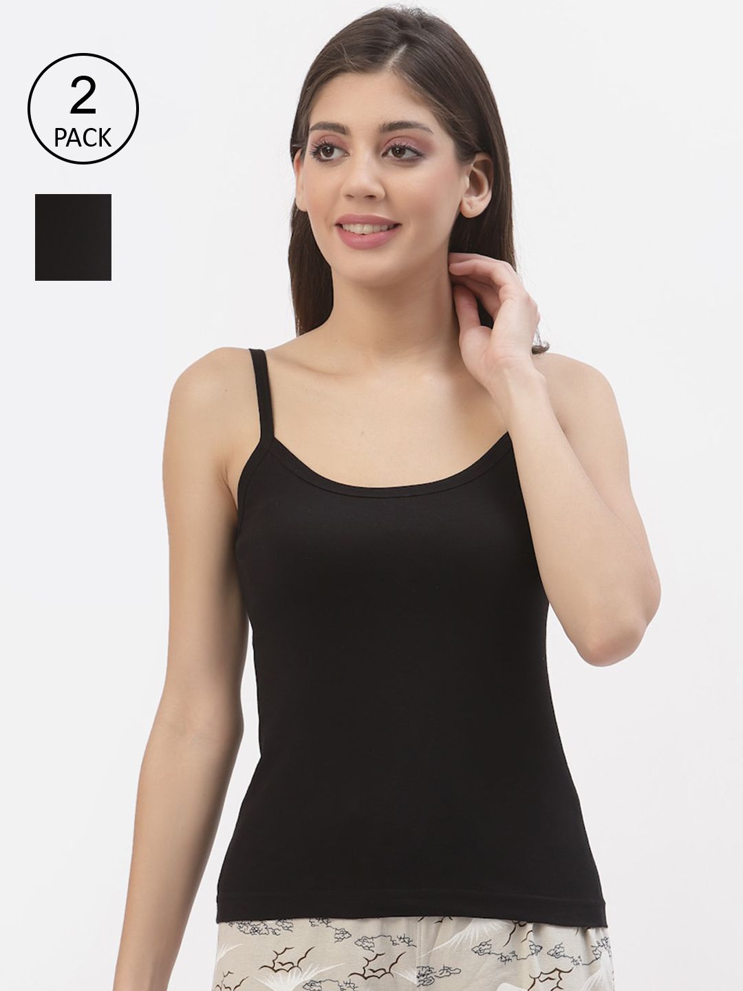Floret Women Set Of 2 Black Solid Camisoles