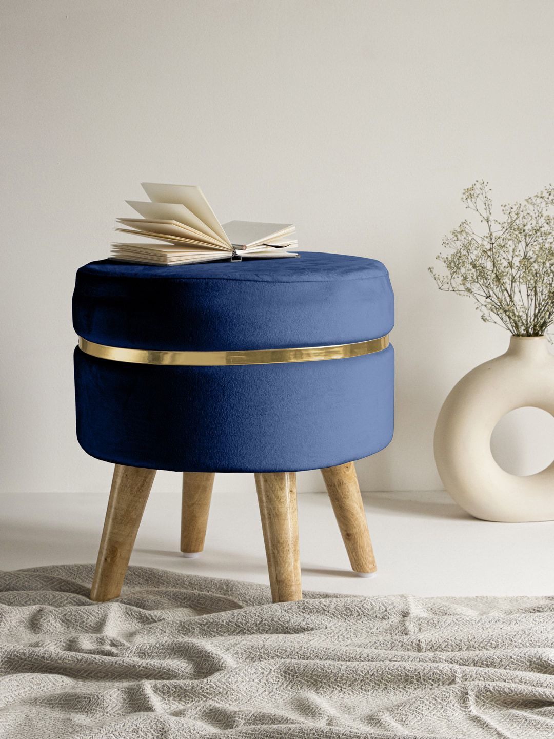 Clasiko Blue Solid Ottomans With Wooden Legs-picture-34