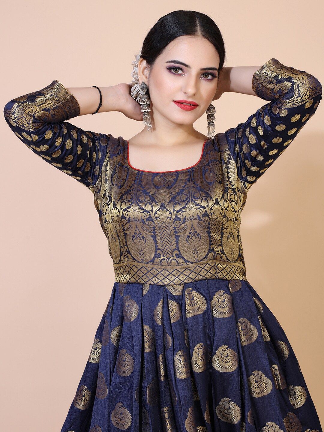 PRENEA Navy Blue Ethnic Motifs Jacquard Ethnic Maxi Dress