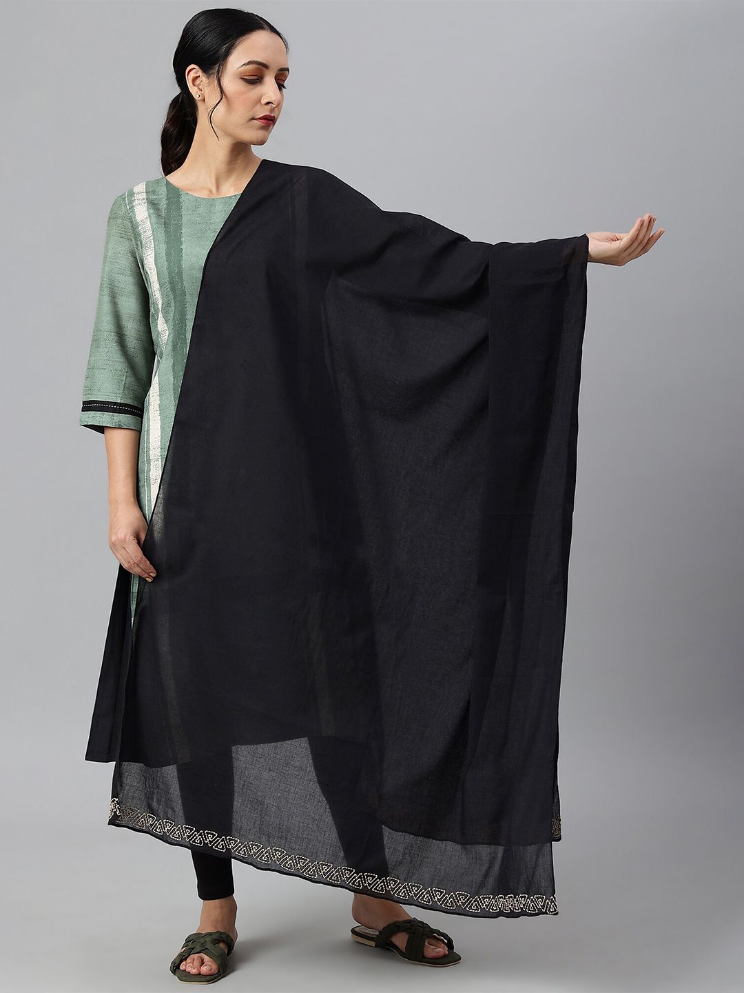 W Women Black Embroidered and Patti Detail Dupatta-picture-46