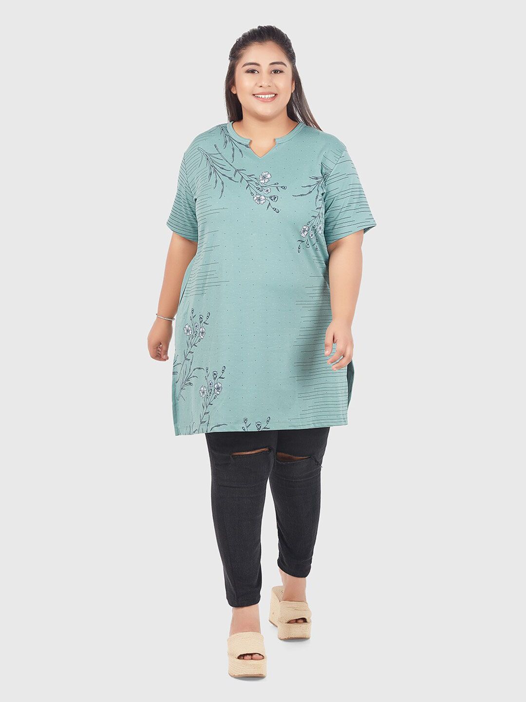 CUPID women Green Printed V-Neck Plus size Cotton Kurti-picture-10
