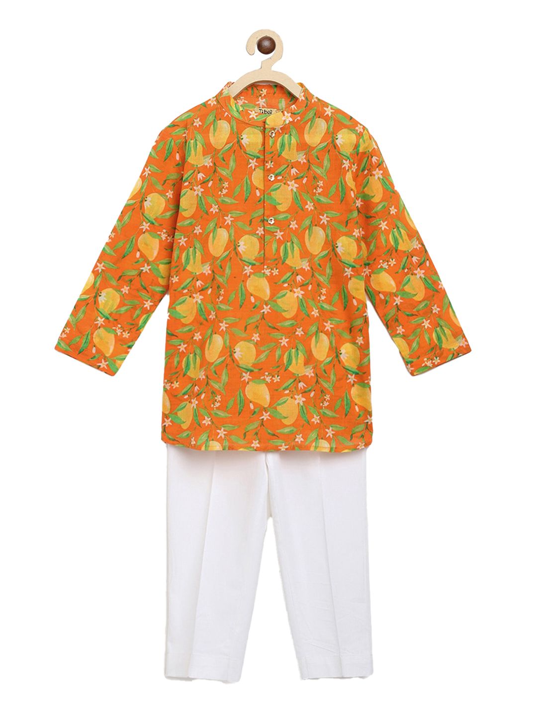 Tiber Taber Boys Orange Paisley Printed Pure Cotton Kurta with Pyjamas-image-15