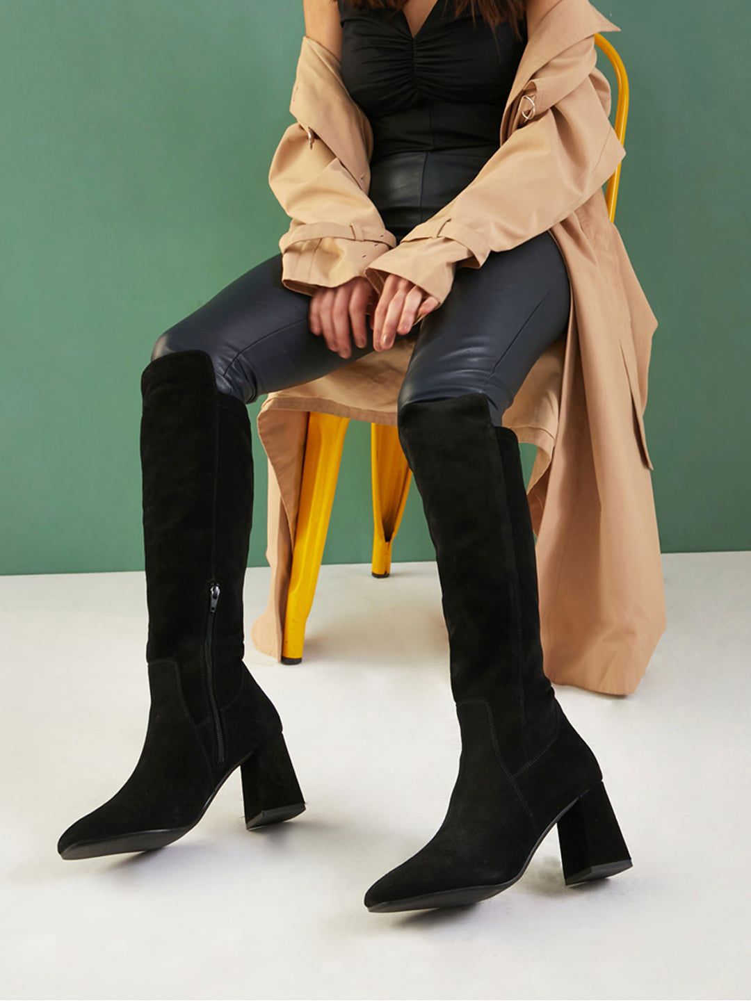 Saint G Women Black Boots Leather Knee High Zipper Boots-image-3