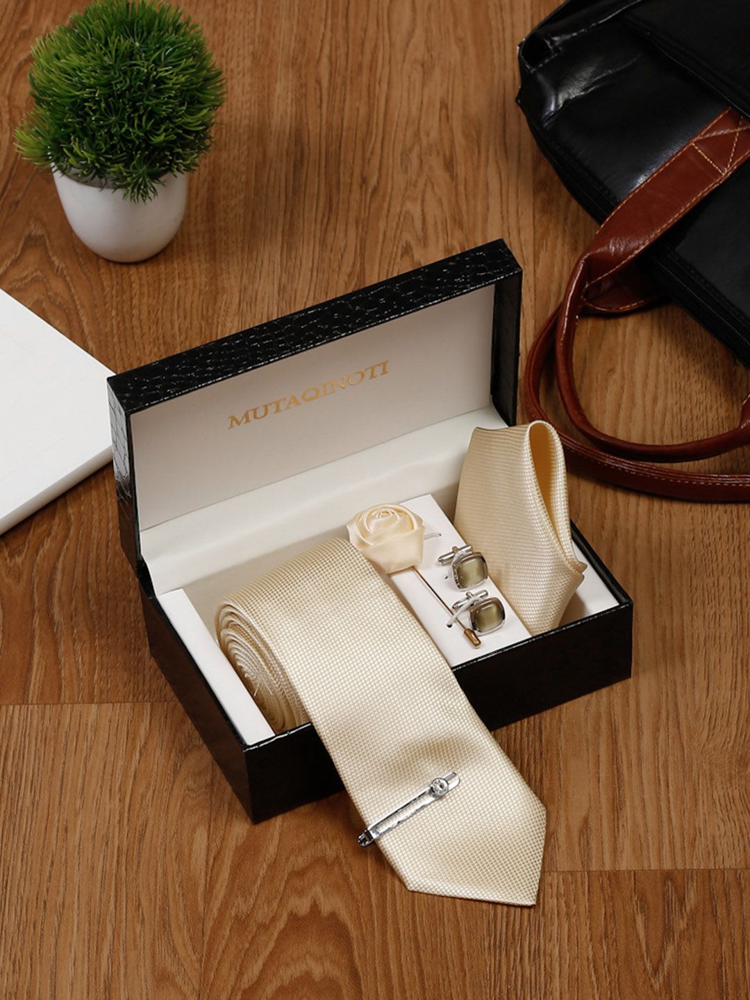 MUTAQINOTI Men Silk Necktie Accessory Gift Set