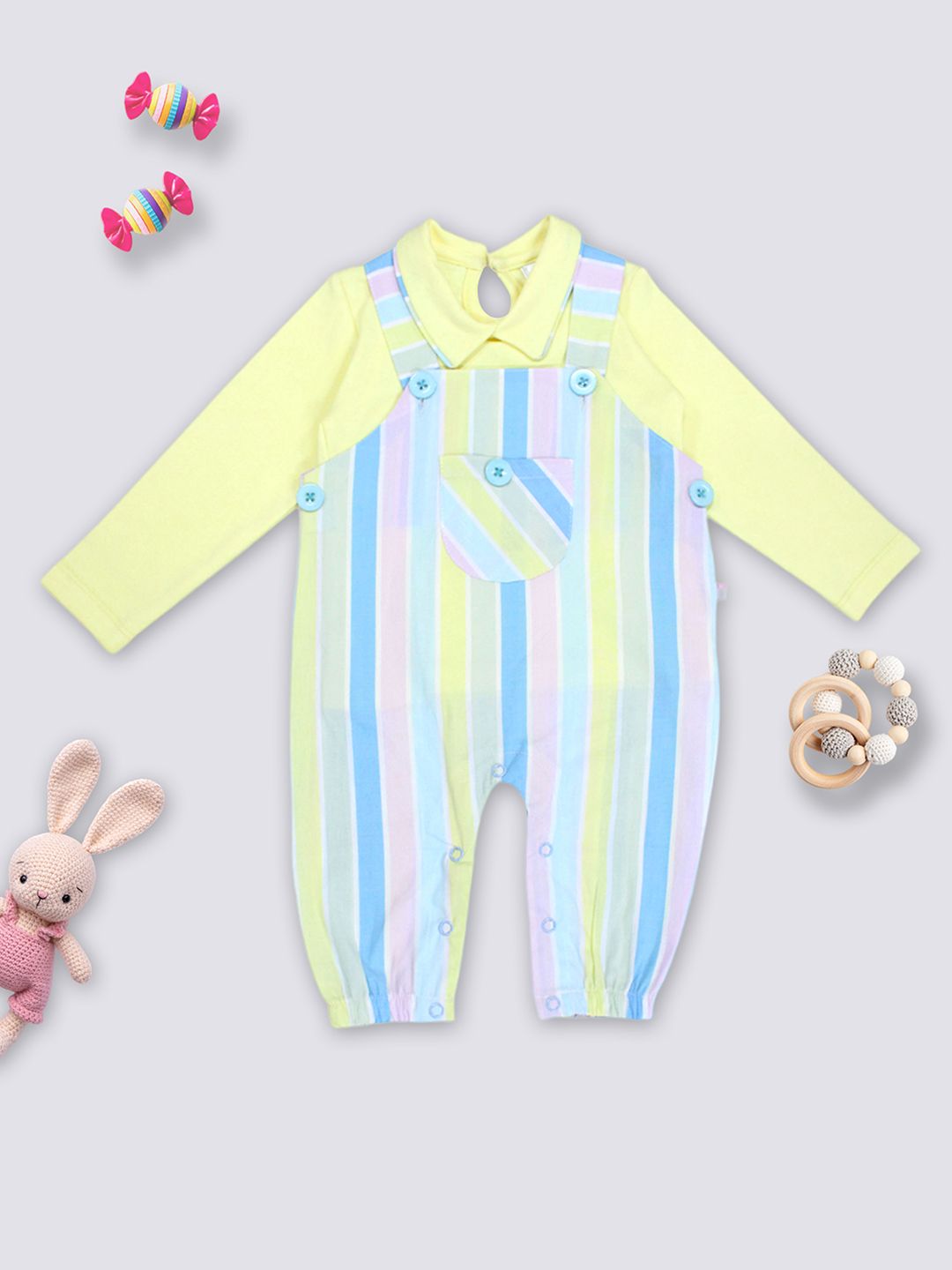Moms Love Girls Yellow & Blue Pure Cotton Checked Dungaree with T-shirt & Head Band-picture-22