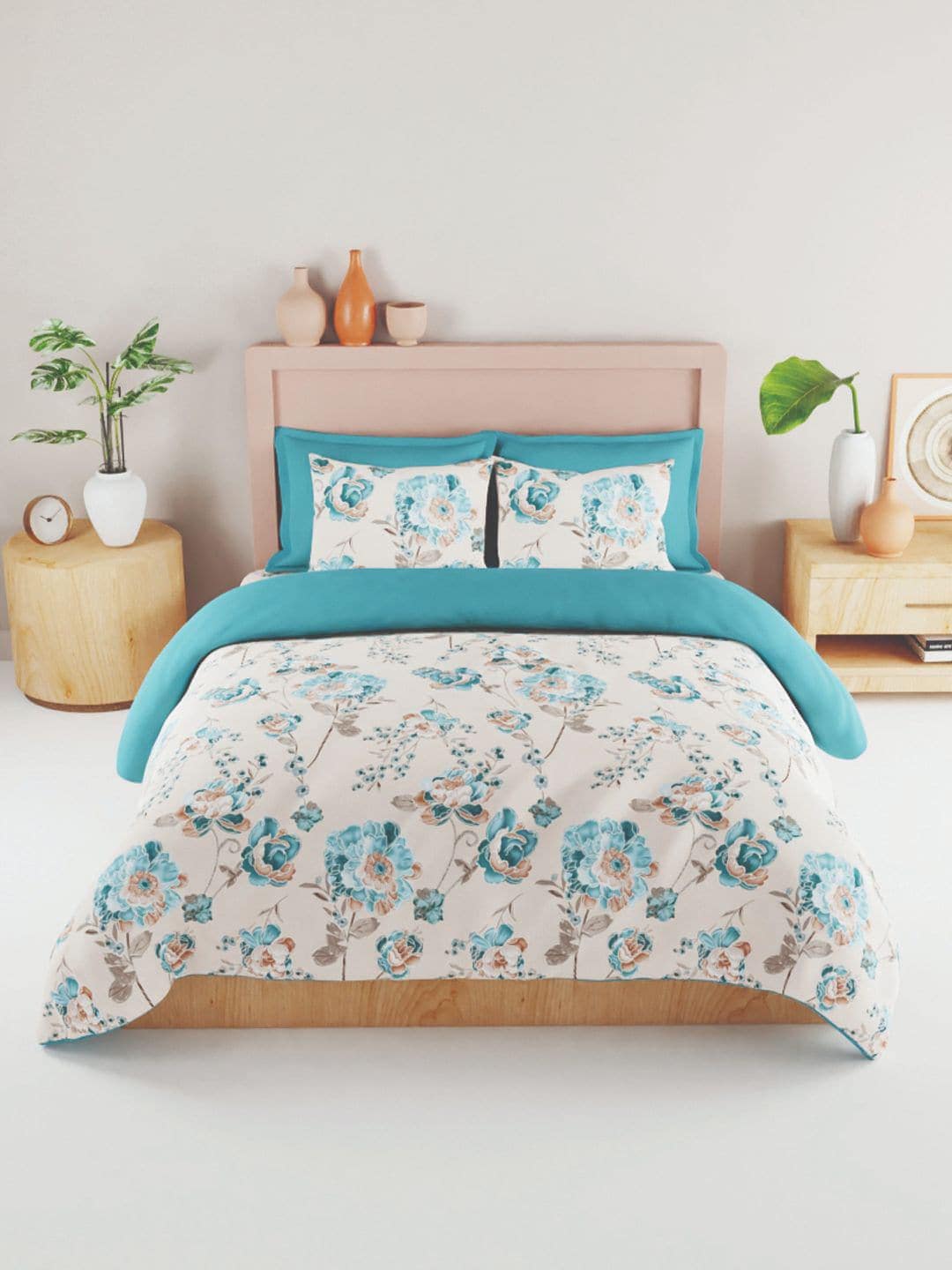 BIANCA Beige & Blue Floral 186 TC King Bedsheet with 2 Pillow Covers