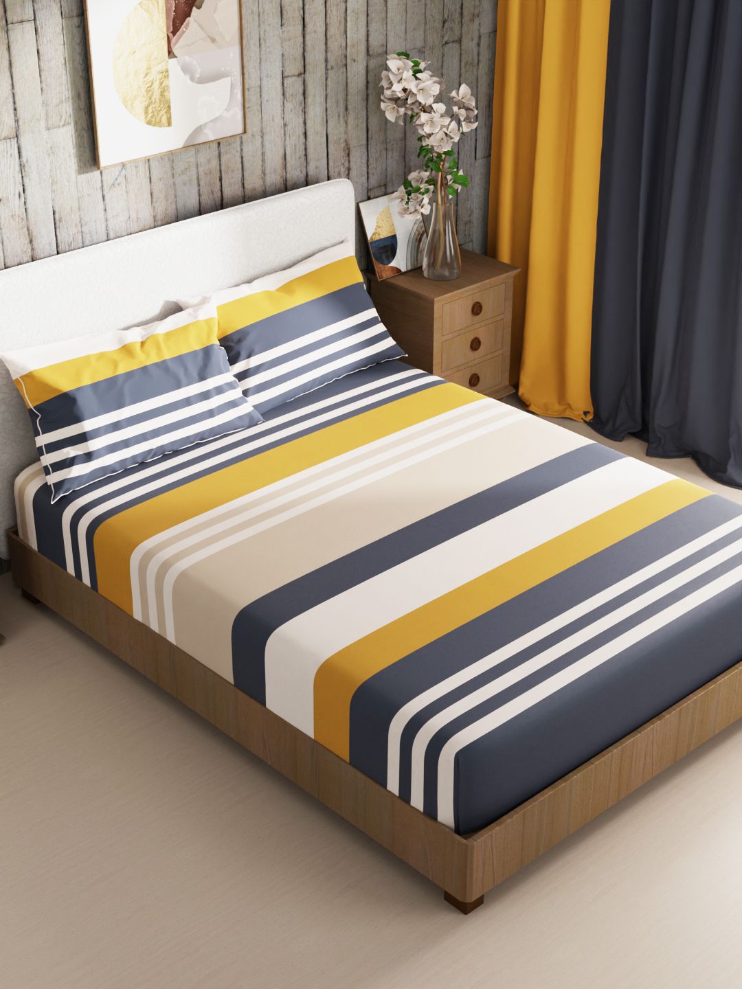 BIANCA Blue & Brown Striped 186 TC King Bedsheet with 2 Pillow Covers