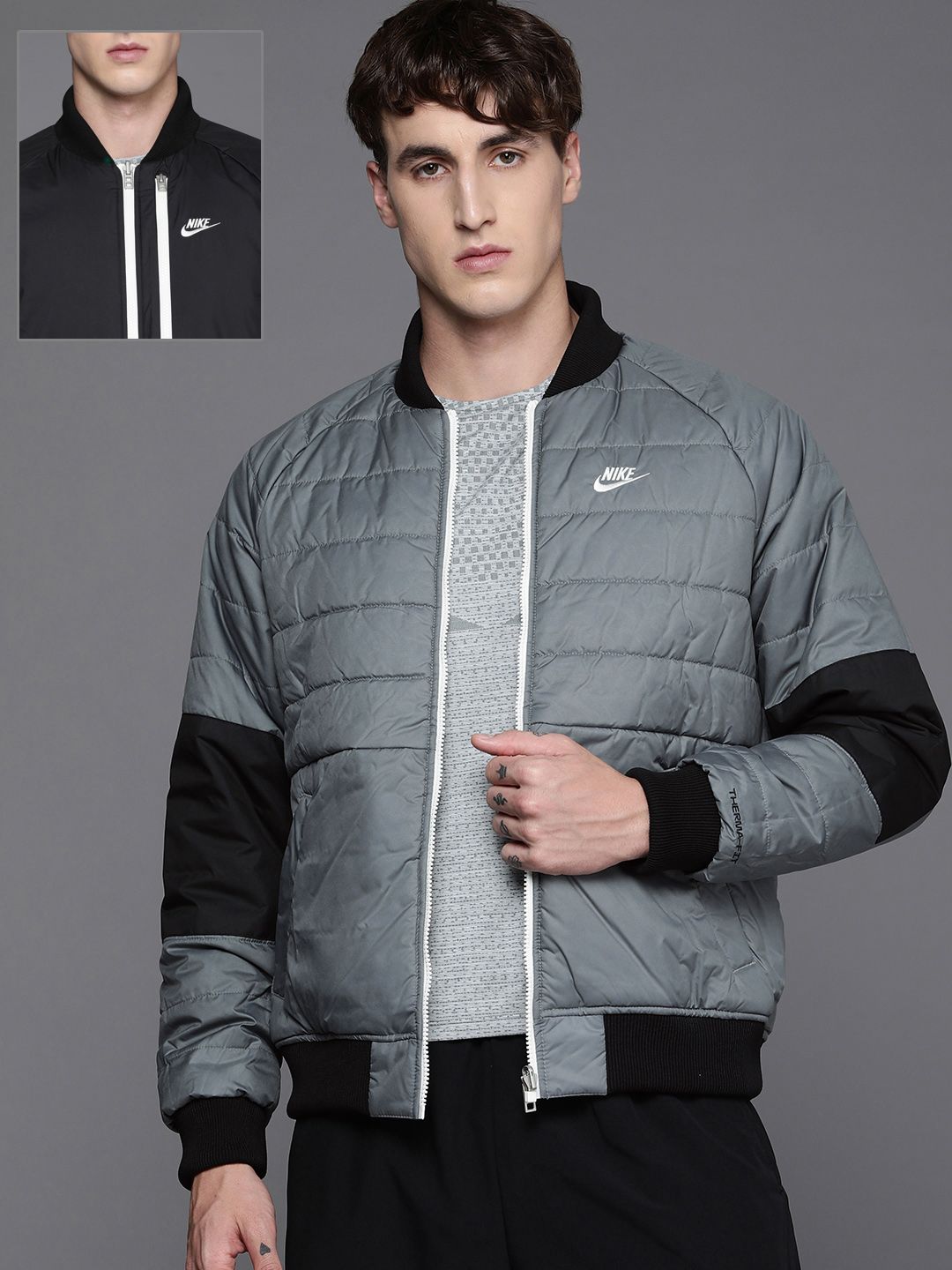 Nike Men Black Grey Solid Therma-FIT Reversible Bomber Jacket