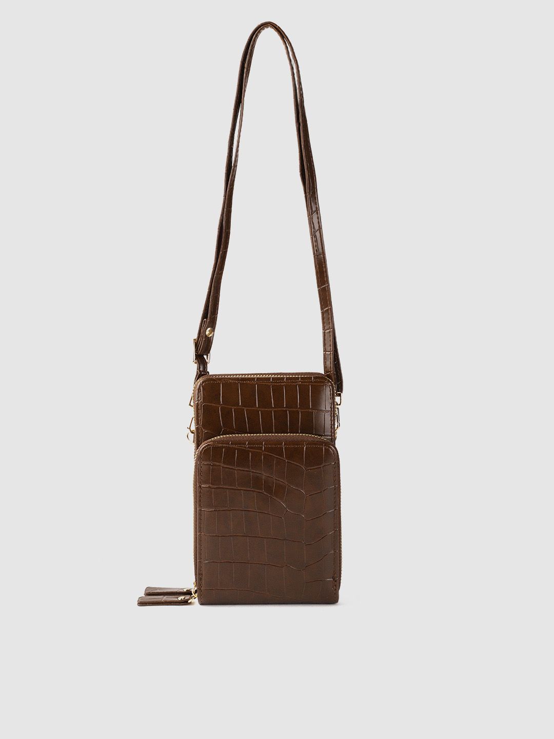 Lino Perros Coffee Brown Croc Textured Structured Sling Bag with Detachable Sling Strap-picture-22