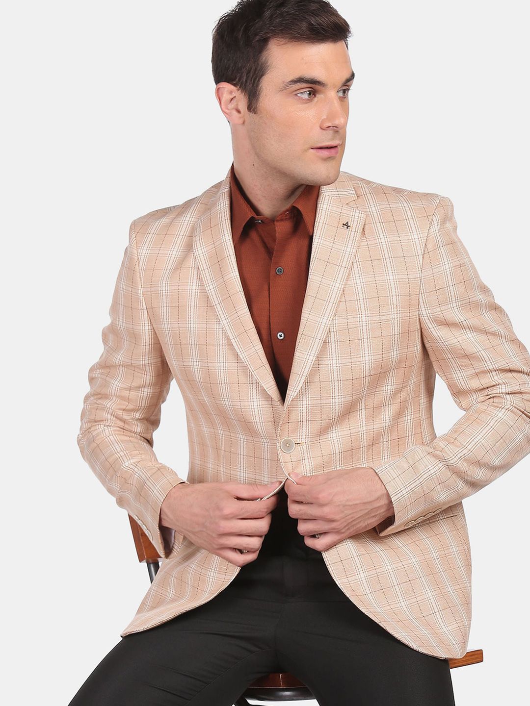 Arrow Men Beige Checked Tailored Fit Single-Breasted Formal Blazer-picture-12