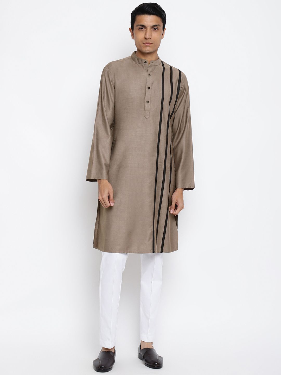 Fabindia Men Taupe & Black Striped Slim Fit Kurta-picture-13