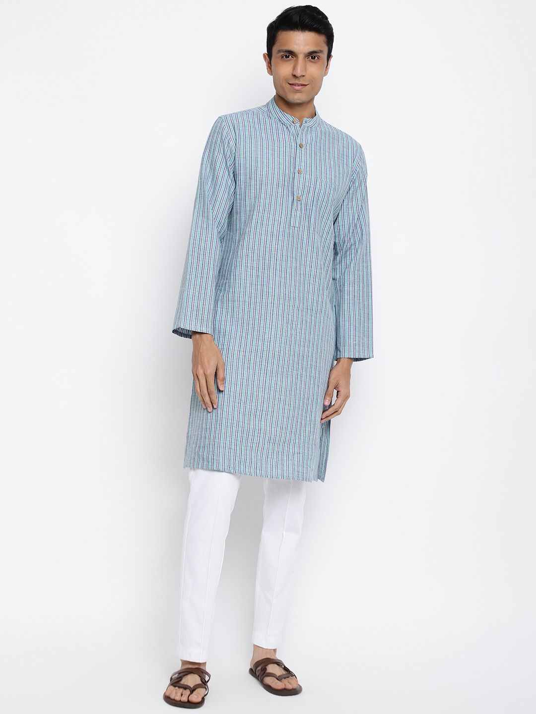 Fabindia Men Blue & White Pure Cotton Self Striped Kurta-picture-35