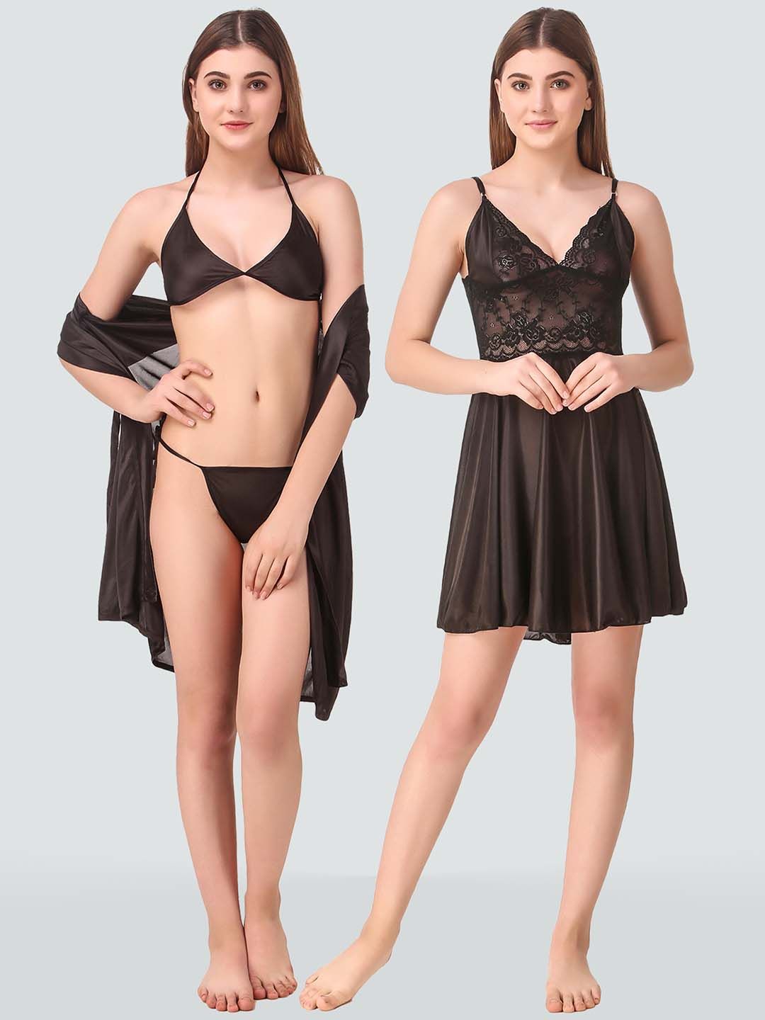 Romaisa Women Satin Baby Dolls with Robe & Lingerie Set