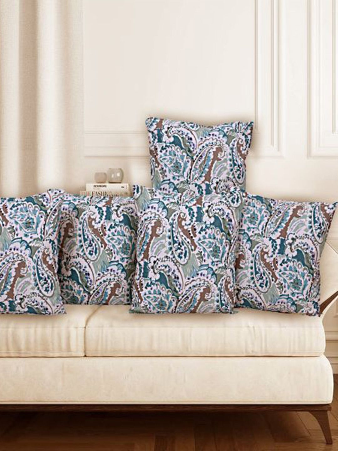 INDHOME LIFE Blue & White Set of 5 Floral Square Cushion Covers-picture-23