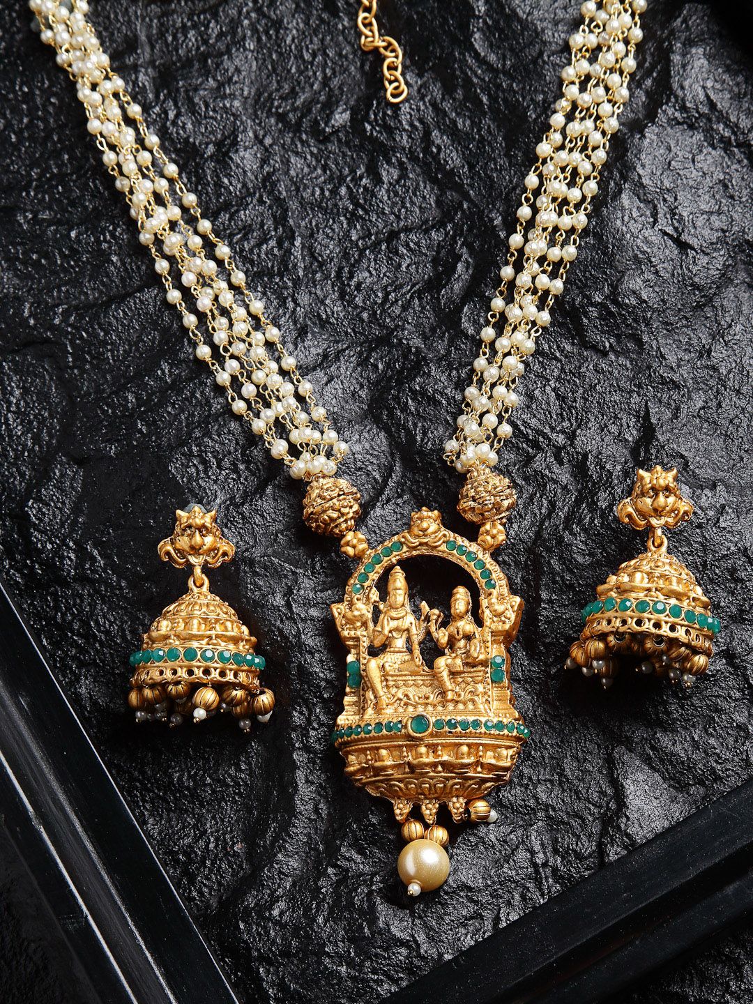 PANASH Women Gold-Plated Green & White Stone Studded Mala Temple Jewellery Set