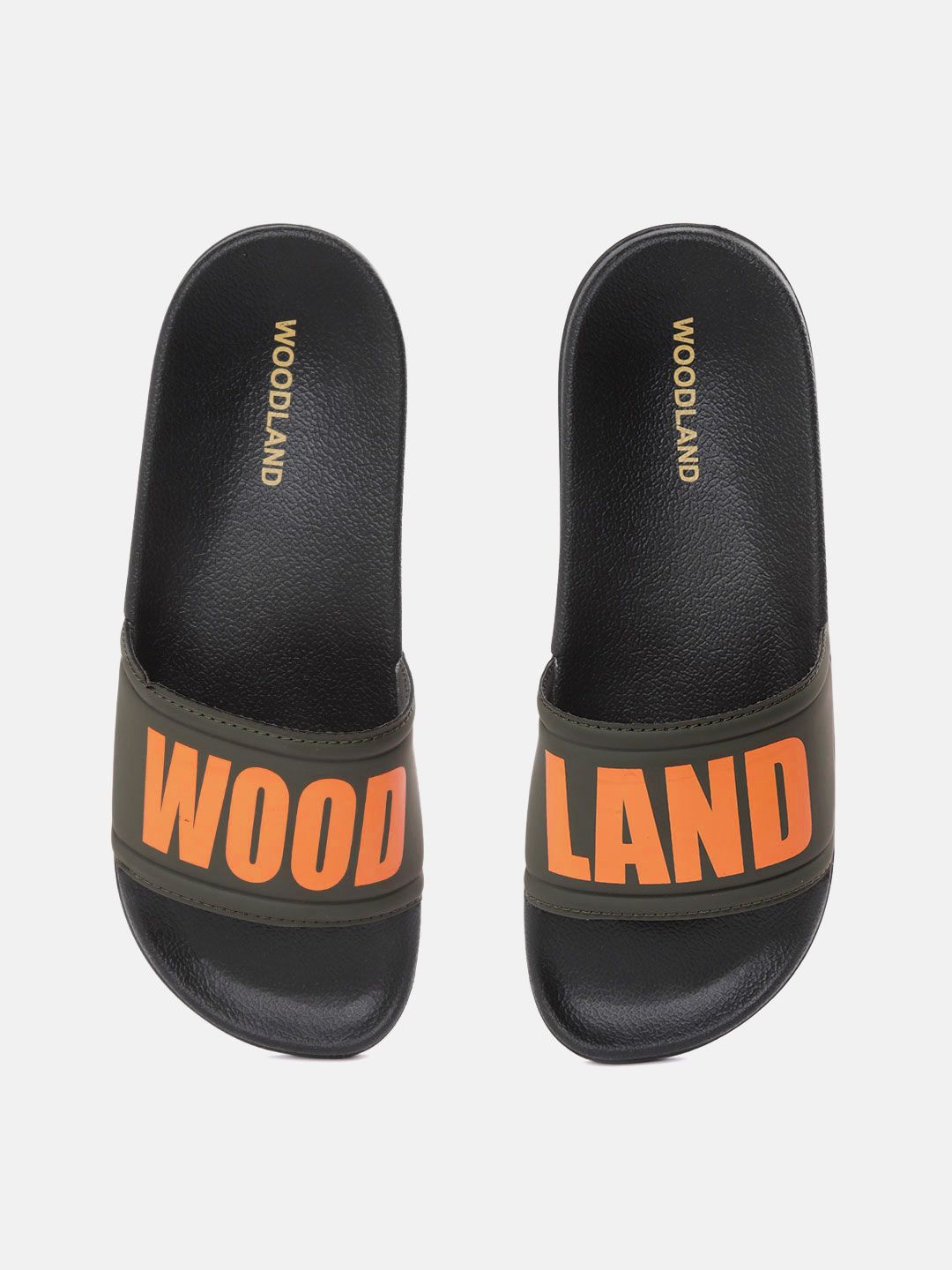 Woodland Men Olive Green & Orange Brand Logo Printed Sliders