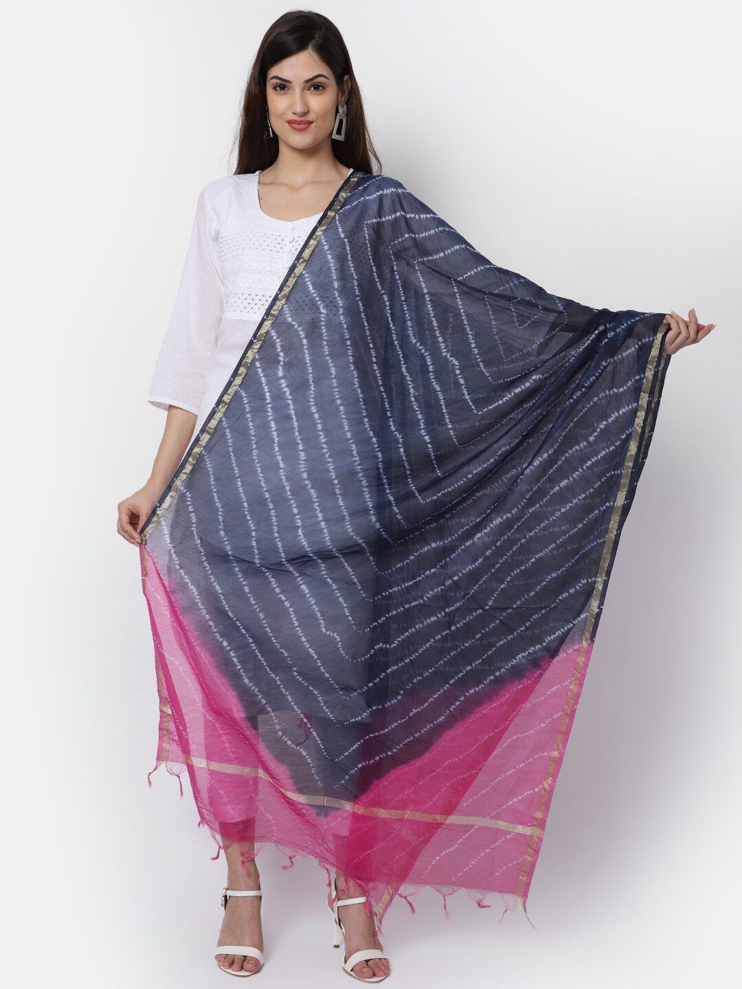 LOOM LEGACY Blue & Pink Woven Design Cotton Silk Dupatta with Zari-image-26