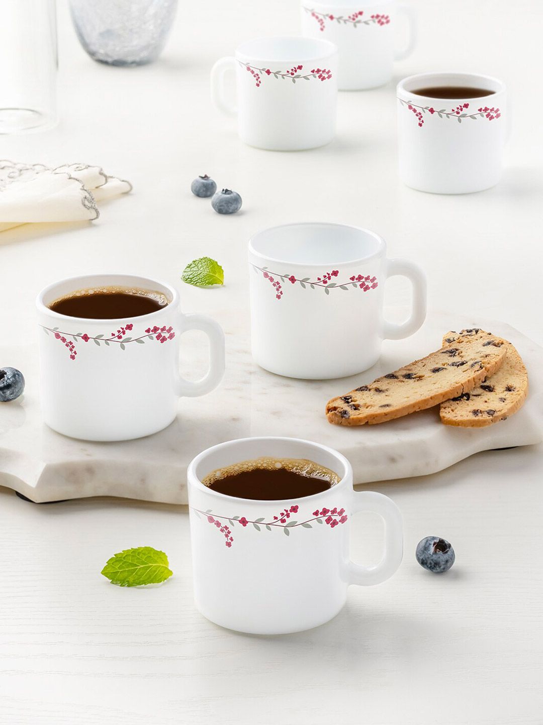 Larah by BOROSIL White & Pink Floral Printed Opalware Glossy Mugs Set of Cups and Mugs