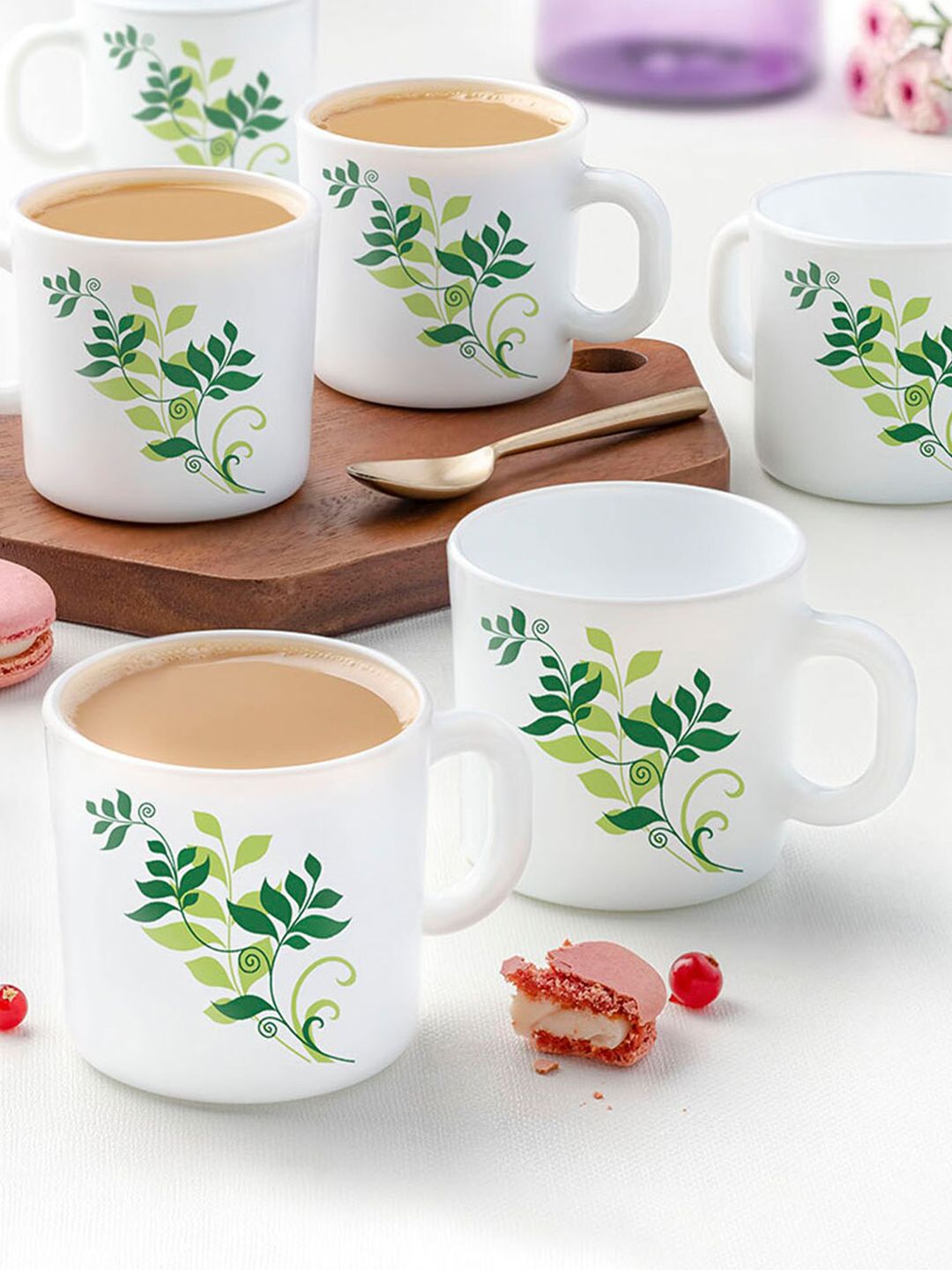 Larah by BOROSIL Set Of 6 White & Green Printed Opalware Matte Cups