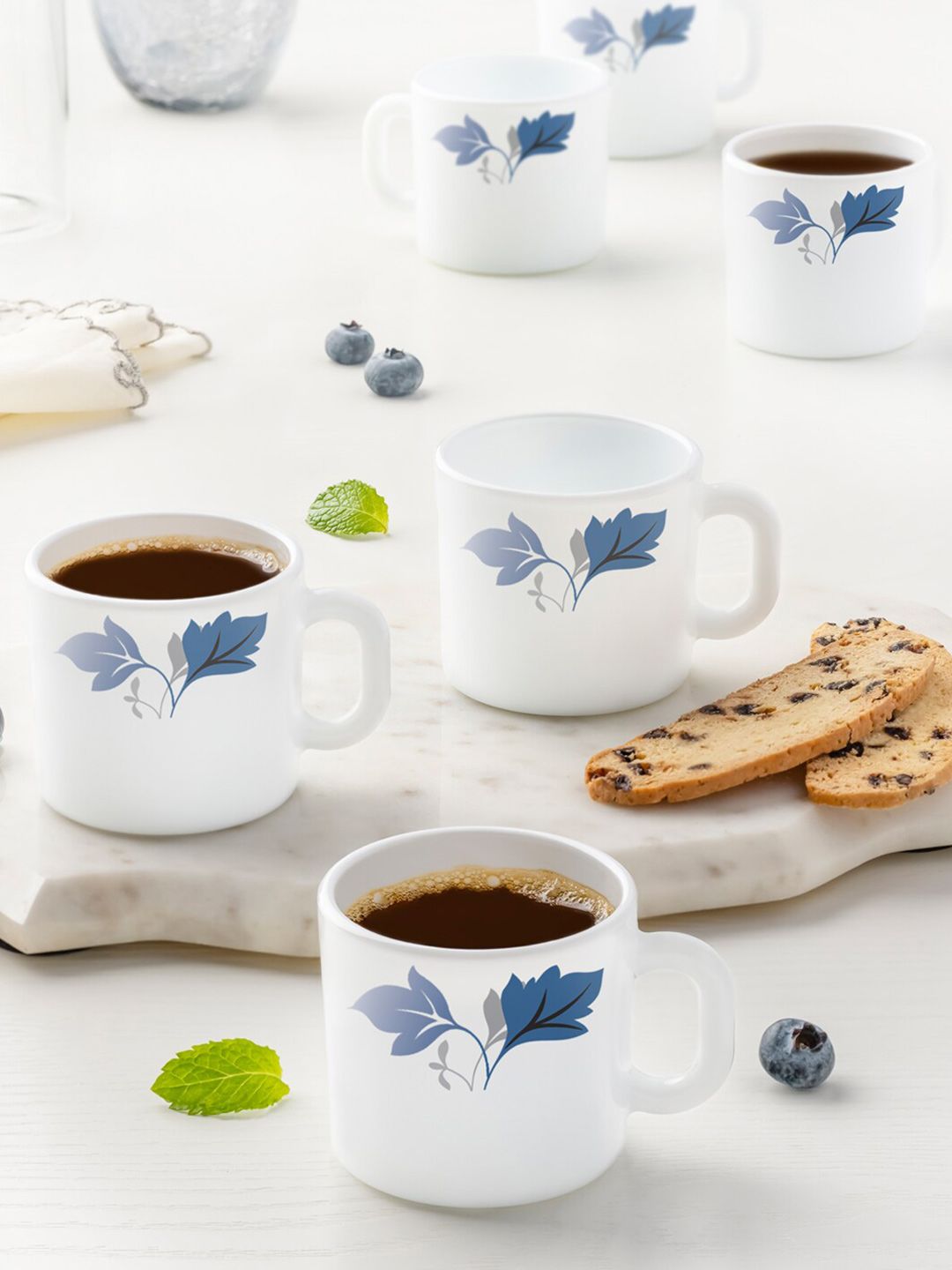 Larah by BOROSIL Set Of 6 White & Blue Floral Printed Opalware Glossy Mugs-picture-24