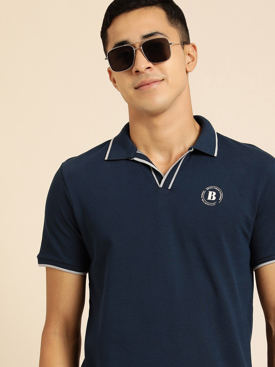 Being Human Men Navy Blue Brand Logo Printed Pure Cotton Polo Collar T-shirt
