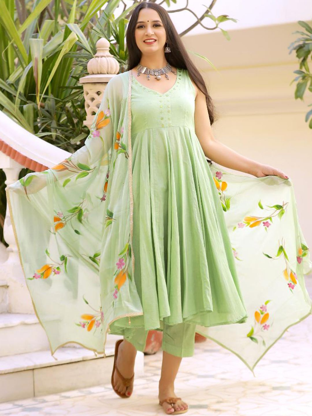 Baisacrafts Women Pista Green Pure Cotton Hand brush Painted Anarkali Suit Set-picture-29