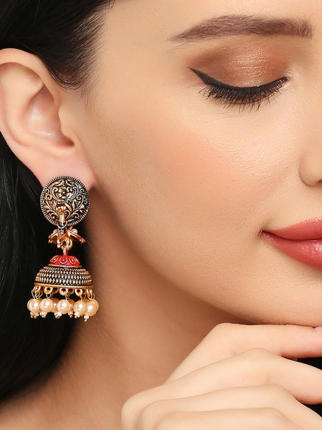 OOMPH Red & Gold-Toned Peacock Shaped Jhumkas Earrings-picture-18