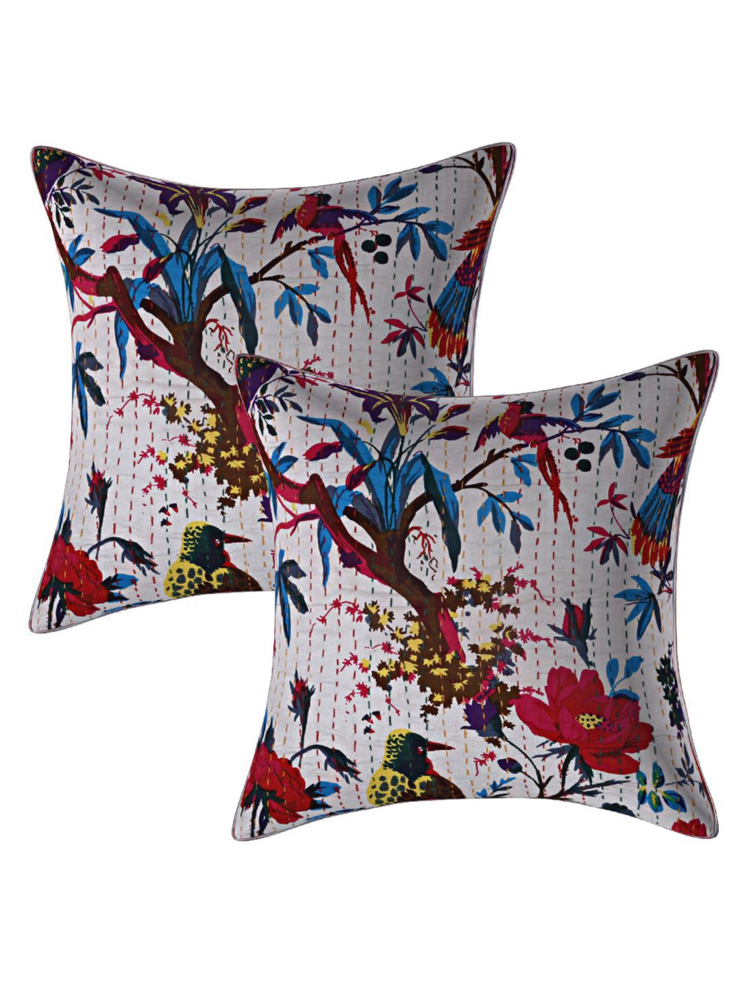 INDHOME LIFE Off White & Blue Set of 2 Floral Square Cushion Covers-picture-21