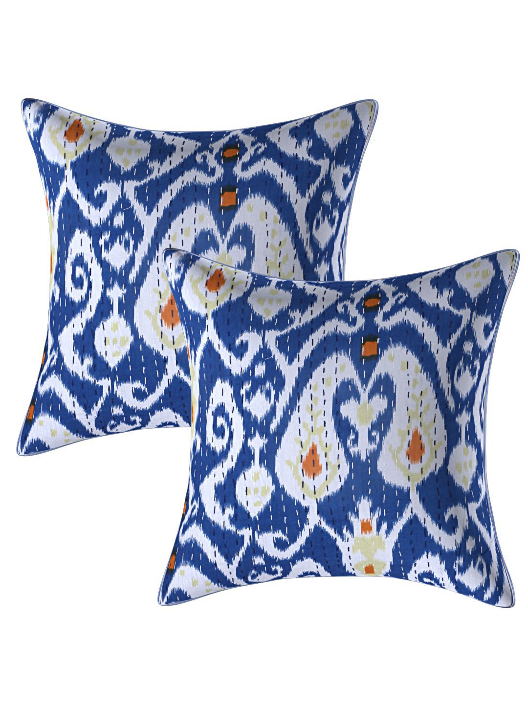 INDHOME LIFE Blue & Orange Set of 2 Floral Square Cushion Covers-picture-20