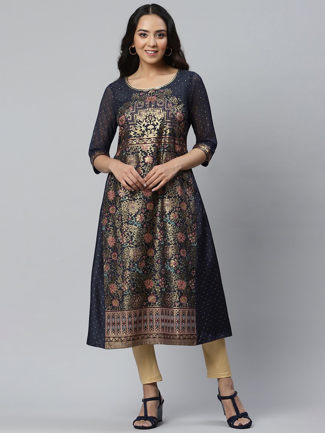 AURELIA Women Navy Blue & Gold-Toned Floral Round Neck Kurta-picture-16